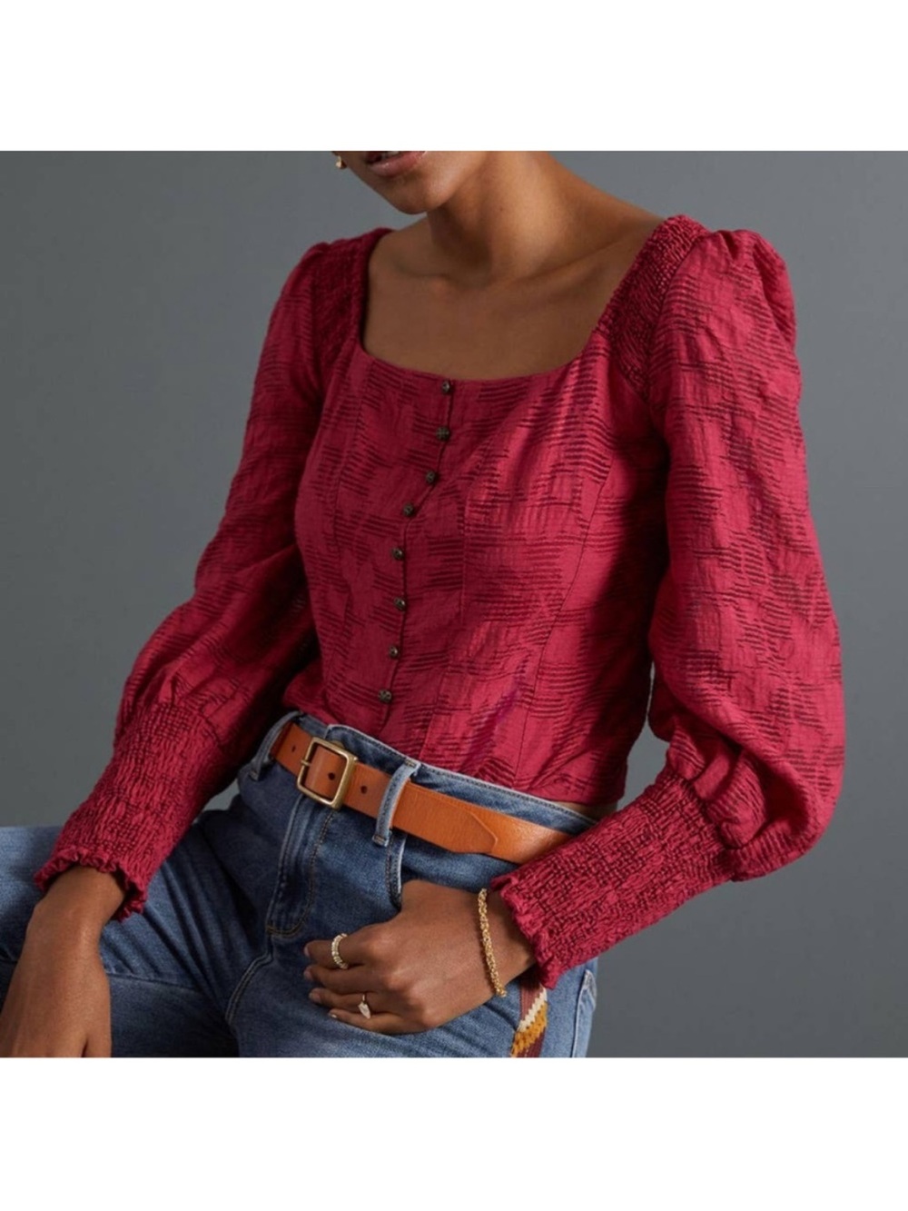 Anthropologie Smocked Long Sleeve Blouse Raspberry Size M Cottagecore Coastal
